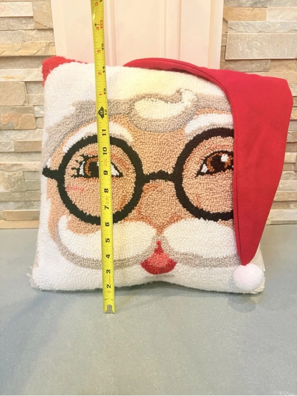 Ashland Santa Face Hooked Pillow with Red Hat and Black Glasses